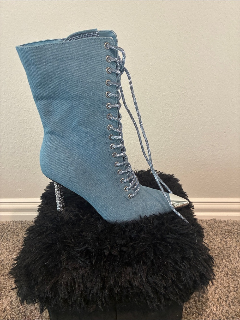 Lace-Up Denim Ankle Boot with Silver Pointed Toe